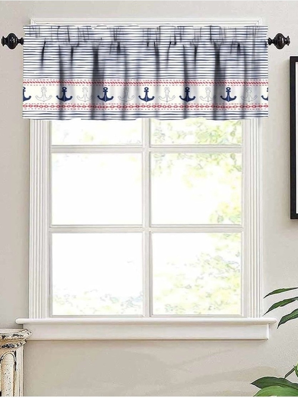 Nautical Anchor Striped Window Valance - Navy & Red on White
